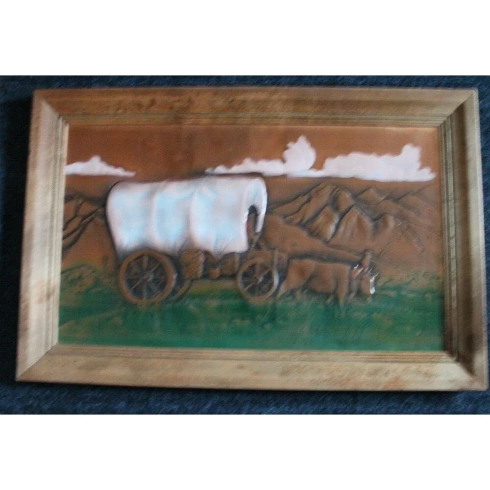 Vintage Covered Wagon Wall Art Copper Relief Ox Mountains Western